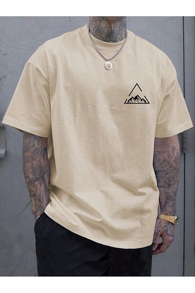 MODARİCH Tricou Bej Imprimat Triunghi Munte - Decolteu Crew Oversize