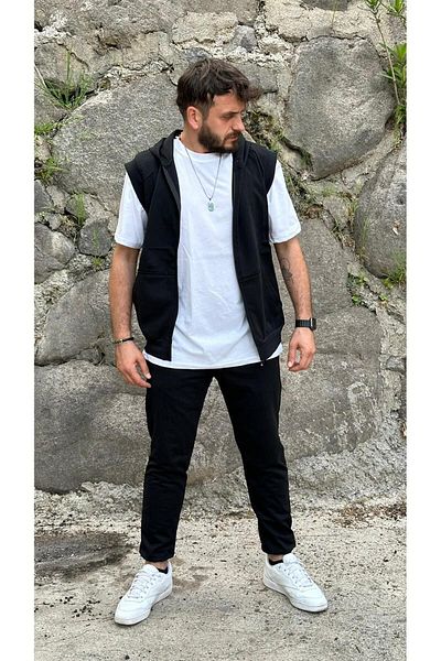 MODARİCH 3-Piece Basic Sweatpants Sleeveless Cardigan T-Shirt Set - Black Short Sleeve Hoodie Summer