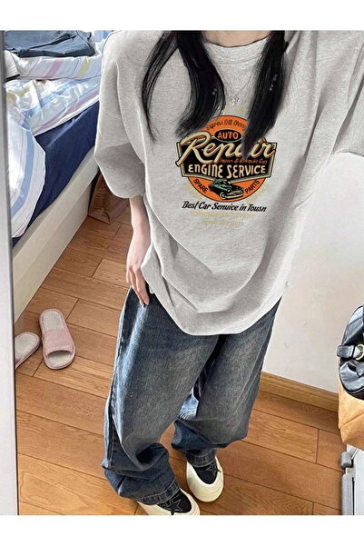 MODARİCH Servis za popravku T-shirt - Siva Štampano Oversize kroj okrugla kra...