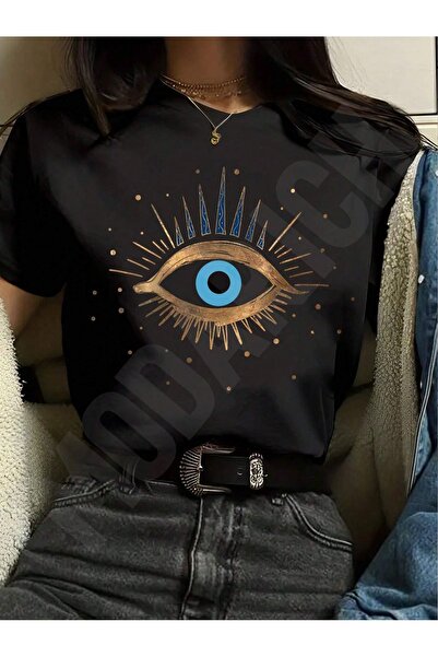 MODARİCH Тениска Spiritual Eye - черна щампа с голямо деколте, широки къси ръ...