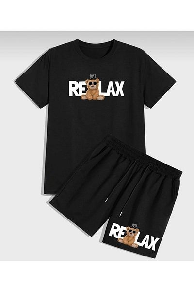 MODARİCH شورت تي شيرت Just Relax - تي شيرت أسود مع شورت علوي وسفلي مطبوع برقبة دائرية كبيرة الحجم