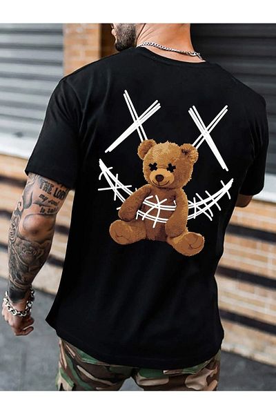 MODARİCH X Bear Back T-shirt -gray, Printed, Crew Neck, Printed, Short Sleeve, Boyfriend, Loose