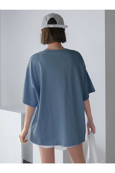 MODARİCH Tricou Have A Holiday - Albastru Baby, Imprimat, Decolteu, Oversize, Maneca scurta, Lejer