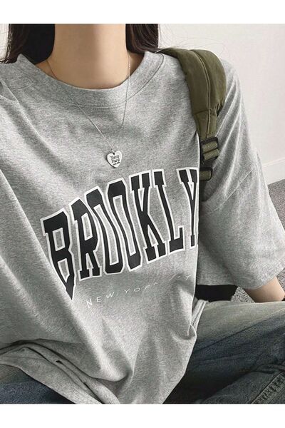 MODARİCH Brooklyn City T-Shirt - Gri Baskılı Oversize Bisiklet Yaka Kısa Kol Bol