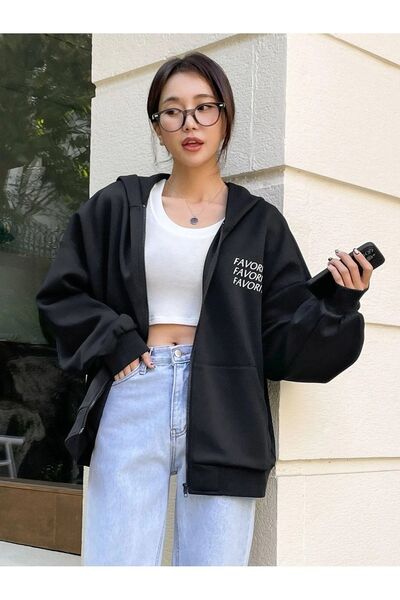 MODARİCH Favorite Hırka - Siyah Baskılı Kışlık Oversize Kapüşonlu Fermuarlı Cep Detaylı Hırka