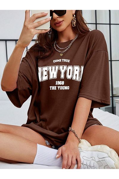 MODARİCH Μπλουζάκι Νέας Υόρκης 1968 - Καφέ με στάμπα Oversize Crew λαιμόκοψη κοντό μανίκι φαρδύ