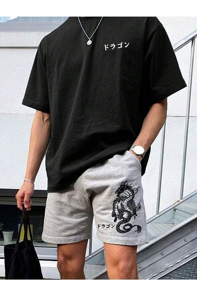 MODARİCH Dragon T-shirt Shorts - Black Gray Short T-Shirt Top and Bottom Set Printed Oversize Crew Neck