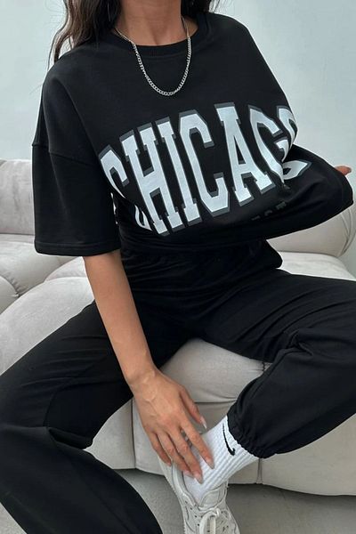 MODARİCH Σετ φόρμας Chicago Printed Black Jogger - Oversize Crew Neck