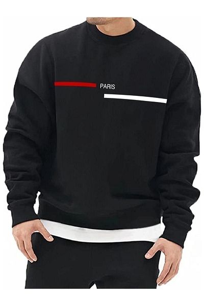 MODARİCH Paris Double Stripe Sweatshirt - Black Printed Oversize Ribbed Crew Neck