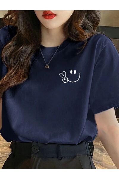 MODARİCH Μπλουζάκι Navy Blue Oversize Smiling Face με λογότυπο - λαιμόκοψη, κ...