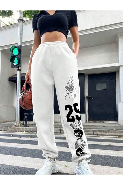 Mythologie 25 Skull Sweatpants Jogger - Λευκό εμπριμέ λαστιχένιο πόδι ψηλόμεσο χειμώνα