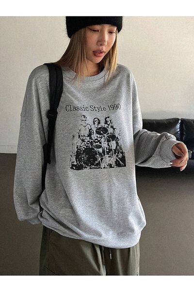 MODARİCH Φούτερ Classic Style 1990 - Γκρι εμπριμέ Oversize Crew Neck