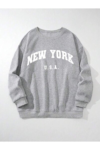 MODARİCH Hanorac gros de iarnă New York U.S.A - Gri cu imprimeu oversize cu g...