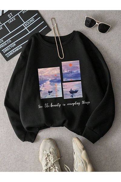 MODARİCH Hanorac gros de iarnă Everyday Things - Gâtul turn oversize cu imprimeu negru
