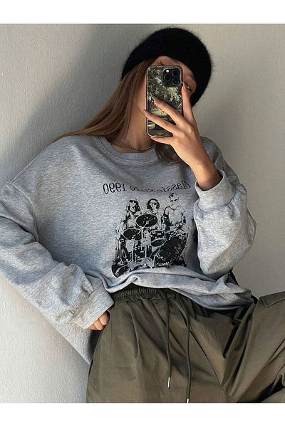 MODARİCH Φούτερ Classic Style 1990 - Γκρι εμπριμέ Oversize Crew Neck