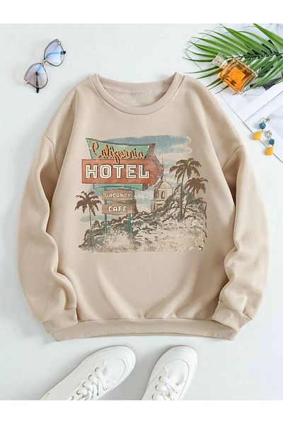 MODARİCH Φούτερ California Hotel - Μπεζ εμπριμέ Oversize Crew Neck