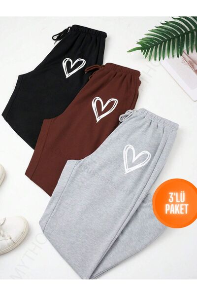 Mythologie 3-Piece Heart Printed Jogger Sweatpants - Black Brown Gray Elastic Leg High Waist