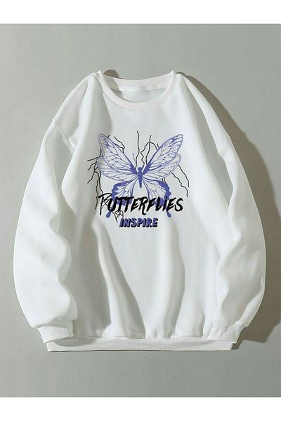 MODARİCH Hanorac gros de iarnă Butterflies Inspire - Gât crew oversize cu imprimeu alb