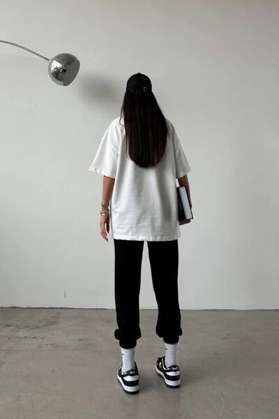 Mythologie Καλιφόρνια Usa T-shirt Sweatpants Jogger - Λευκό Μαύρο Σετ Φούτερ με στάμπα Oversize Crew Neck