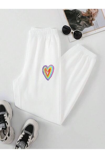 Mythologie Πολύχρωμο Minimal Heart Sweatpants Jogger - Λευκό εμπριμέ ελαστικό πόδι ψηλόμεσο