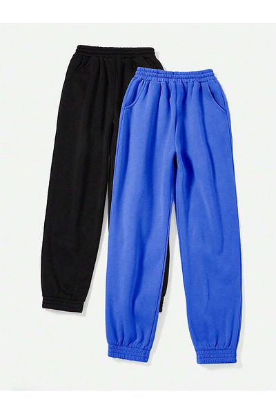 Mythologie 2-pack Basic Plain Jogger Sweatpants - Μαύρο και Saks Μπλε Λαστιχένιο Πόδι Ψηλόμεσο Καλοκαίρι