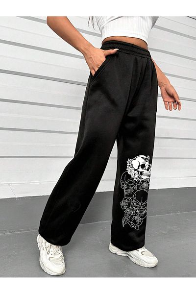 Mythologie Skull Flare Leg Sweatpants Jogger - Μαύρο εμπριμέ γυναικείο φαρδύ πόδι ψηλόμεσο χειμώνα