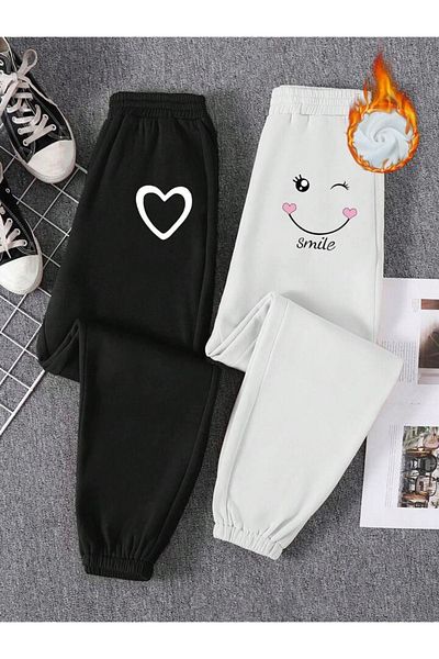 Mythologie 2 Pack Heart Smile Sweatpants Jogger - Ασπρόμαυρο εμπριμέ λαστιχένιο πόδι ψηλόμεσο καλοκαίρι