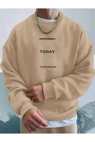 MODARİCH Hanorac Today - Bej Imprimat Oversize Rose Gold Crew Gât
