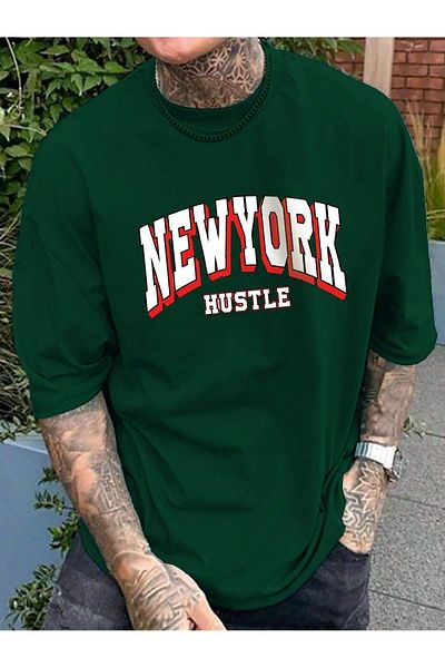 Mythologie Μπλουζάκι New York Hustle - Nefti Green Printed Oversize Crew Neck με κοντό μανίκι