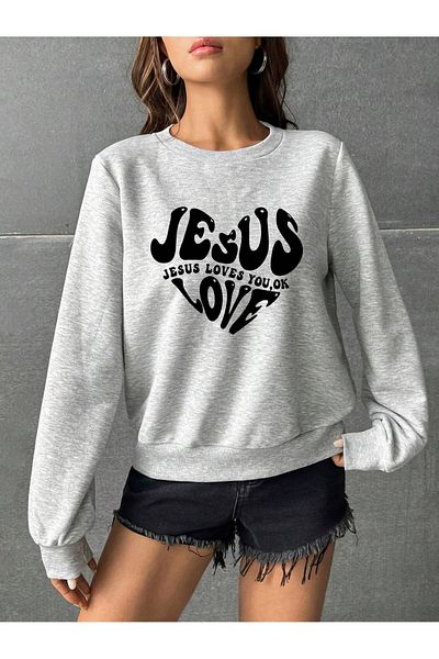 MODARİCH Hanorac Jesus Love - Gri imprimat oversize cu gât crew