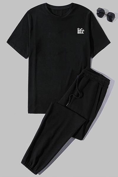 Mythologie Life T-Shirt Sweatpants -Μαύρο Jogger T-Shirt Bottom Top Σετ φόρμας Oversize Crew Neck