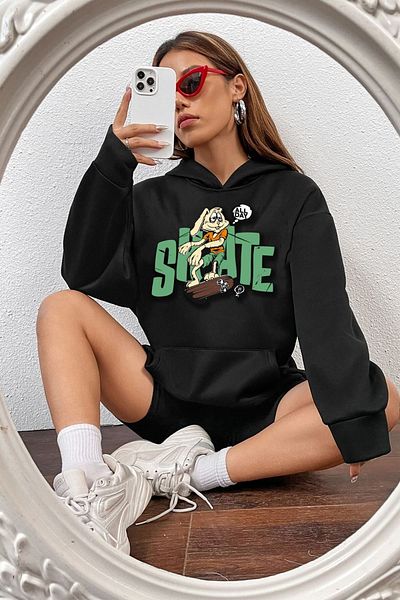 MODARİCH Women's All Day Rabbit Print Oversize Hooded Sweatshirt