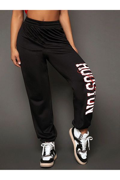 Mythologie Houston Texted Jogger Sweat παντελόνι με στάμπα - Μαύρο λαστιχένιο πόδι ψηλόμεσο χειμώνα