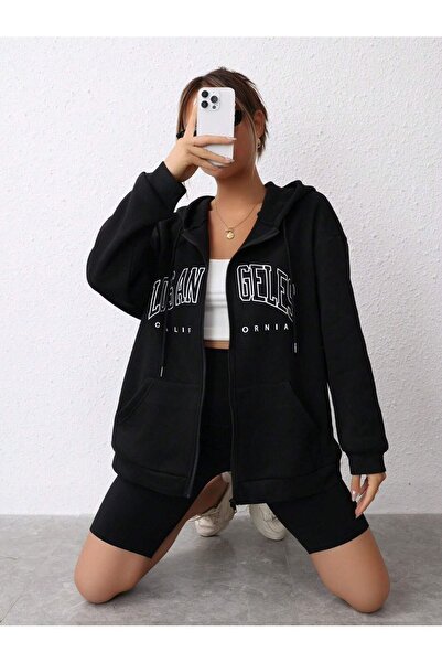 MODARİCH Λος Άντζελες Καλιφόρνια Ζακέτα Φούτερ - Μαύρη στάμπα, Χειμερινή ζακέ...