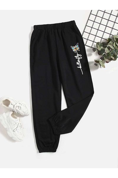 Mythologie Butterfly Script Sweatpants Jogger - Μαύρο εμπριμέ λαστιχένιο πόδι ψηλόμεσο χειμώνα
