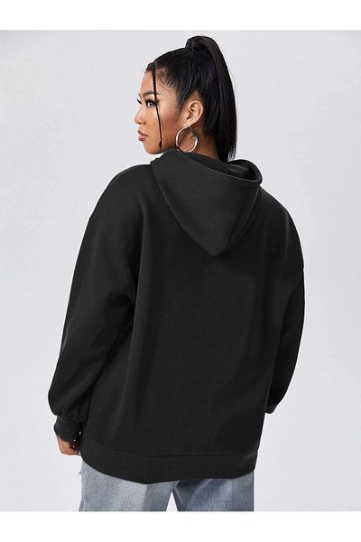 MODARİCH California West Coast Winter Thick Sweatshirt - Black Printed Oversize Ribbon Hoodie