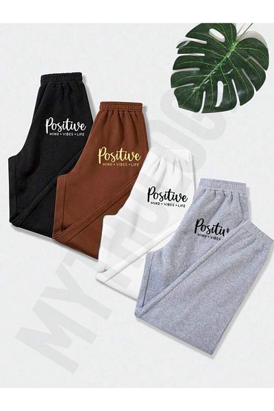 Mythologie 4 Πακέτα Positive Printed Jogger Sweatpants - Μαύρο Καφέ Λευκό Γκρι Καουτσούκ ψηλόμεσο καλοκαίρι