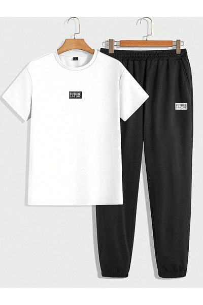 Mythologie Future Logo White T-shirt and Black Sweatpants - Oversize Jogger T-Shirt Set, Crew Neck