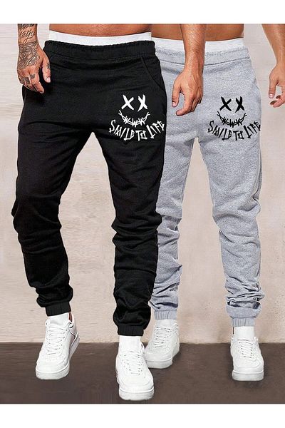 Mythologie 2-Piece Smile To Life Sweatpants Jogger - Black And Gray Printed Rubber Leg High Waist Summer