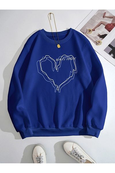 MODARİCH Beauty Striped Heart Χειμερινό Χοντρό Φούτερ - Sax Blue Printed Oversize Hooded Crew Neck