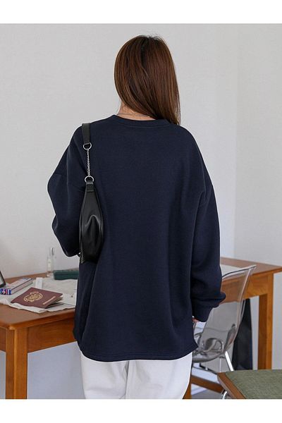 MODARİCH Work Life Balance Sweatshirt - Navy Blue Printed Oversize Ruffled Crew Neck