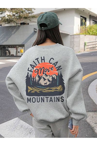 MODARİCH Mountains Faith Can Sweatshirt - Γκρι εμπριμέ Oversize Crew Neck