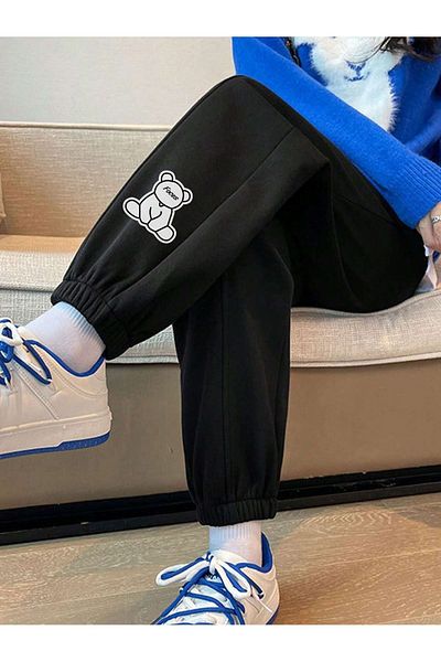 Mythologie Bear Leg Printed Sweatpants Jogger - Μαύρο λαστιχένιο πόδι ψηλόμεσο χειμώνα