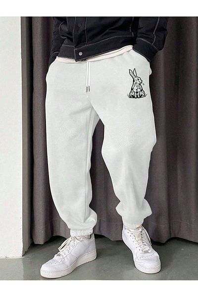 Mythologie Pantaloni de sport Rabbit Jogger Alb Imprimat Picior Cauciuc Talie Inalta Iarna