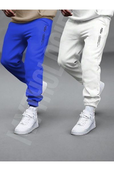 Mythologie 2 Πακέτα Φούτερ Jogger με κάθετη γραφή - Sax Blue and White Printed Rubber Leg High Waist Summer