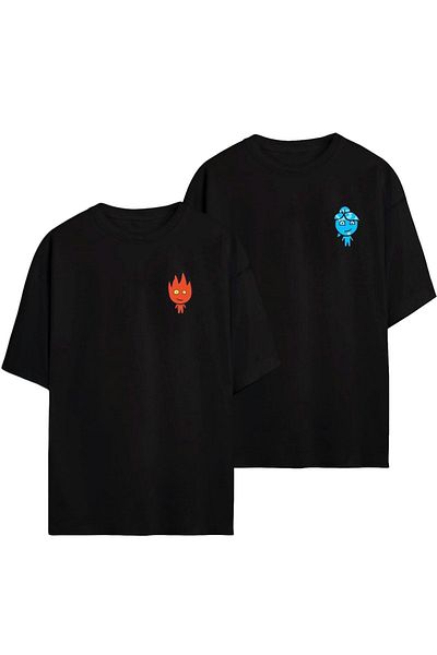 Mythologie Fire and Water 2-Pece Couple Lovers Combined T-shirt - Μαύρο εμπριμέ Oversize Crew Neck κοντό μανίκι