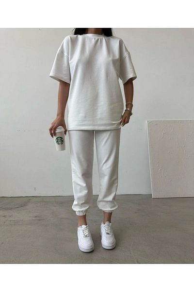 Mythologie Basic Plain T-shirt Sweatpants Jogger - Λευκό Σετ Φούτερ Oversize Crew Neck