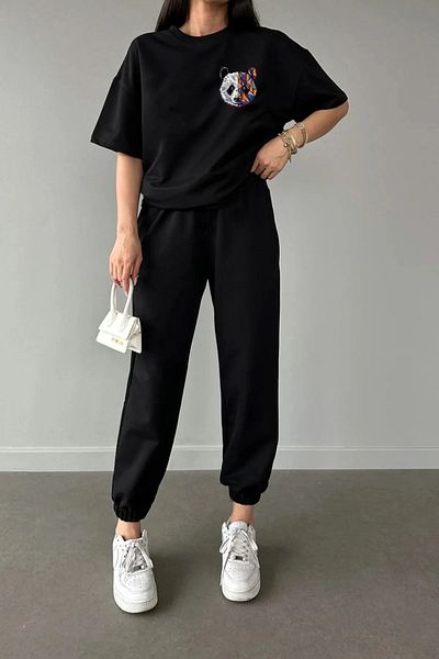 Mythologie Panda Logo T-shirt Sweatpants Jogger - Σετ φόρμας με μαύρη στάμπα Oversize Crew Neck