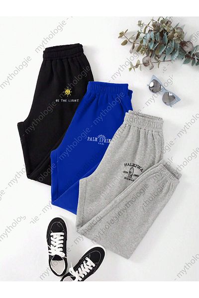 Mythologie Παντελόνι Jogger Sweat 3 τεμαχίων Sun Light Printed - Μαύρο Sax Μπλε γκρι λαστιχένιο πόδι ψηλόμεσο καλοκαίρι