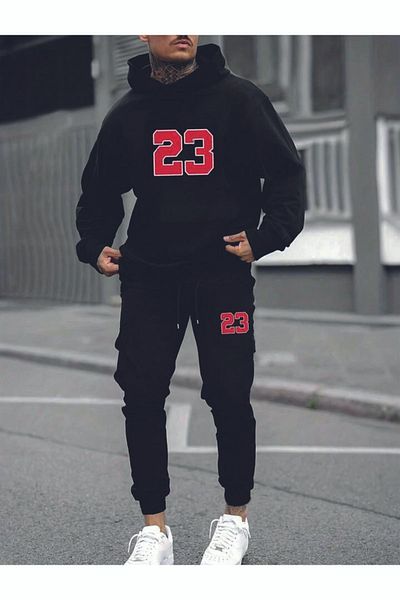 MODARİCH Size 23 Sweatshirt Sweatpants Jogger - Black Printed Bottom Top Sweatpants Set Hooded